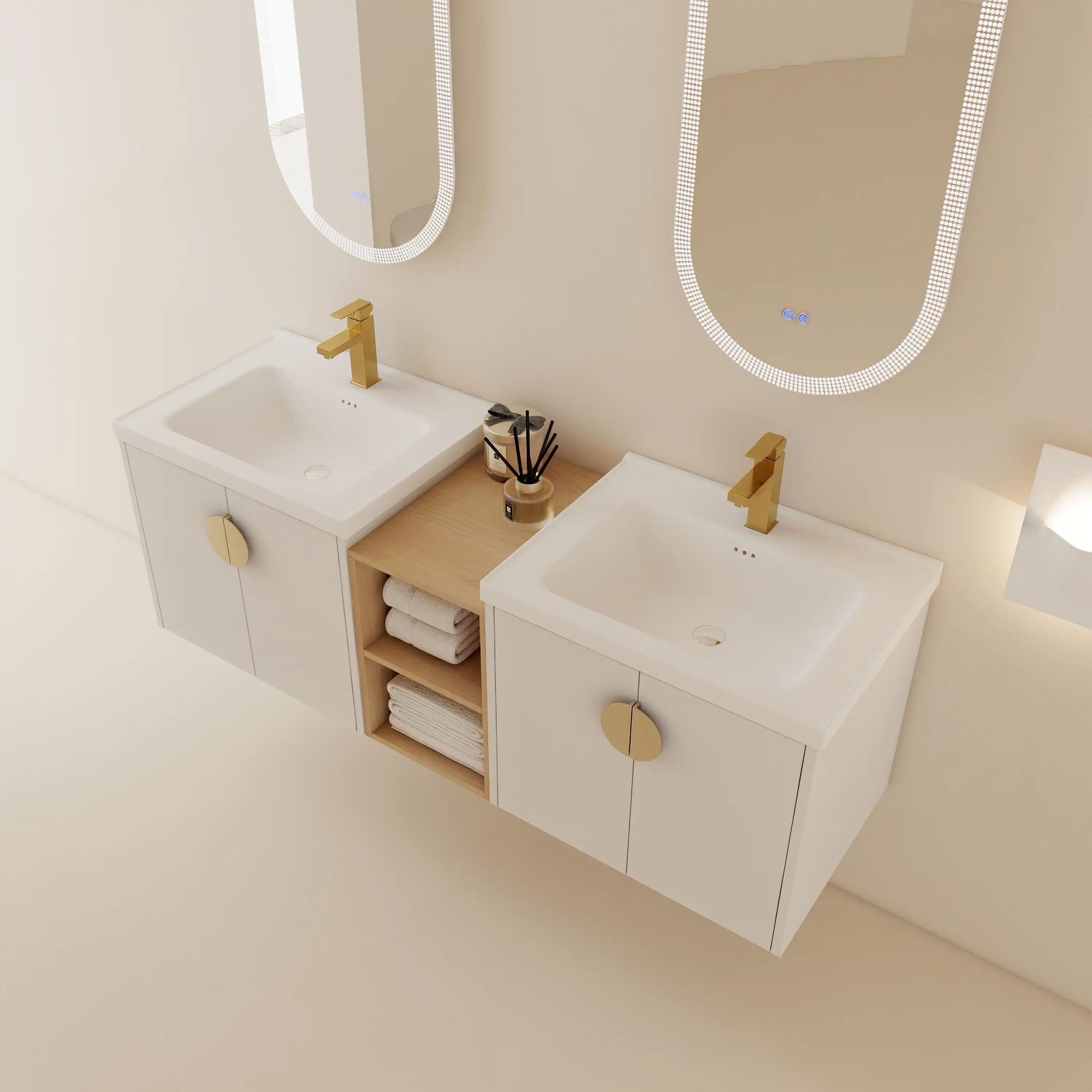 60 inch floating vanity with open middle storage shelf and minimalist white finish | Ace Decor