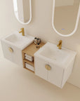 60 inch floating vanity with open middle storage shelf and minimalist white finish | Ace Decor