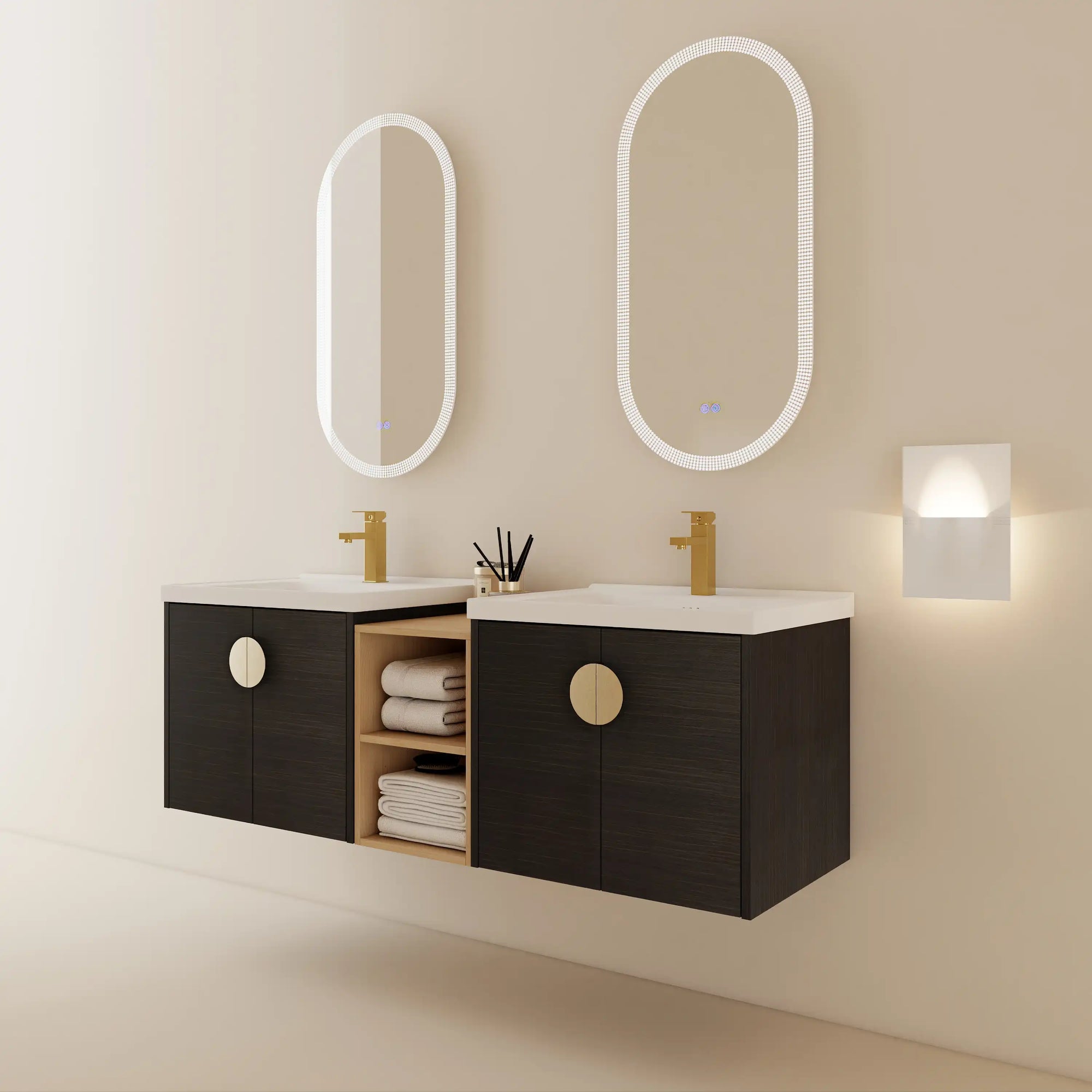 60 inch bathroom combo vanities in black finish with integrated sinks and modern floating installation | Ace Decor