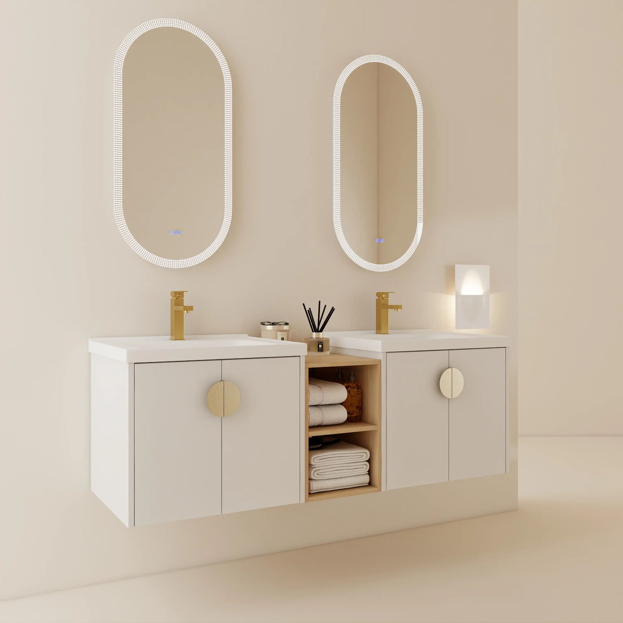 60 inch floating vanity featuring white cabinets, brass round handles, and integrated double sinks | Ace Decor