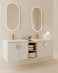 60 inch floating vanity featuring white cabinets, brass round handles, and integrated double sinks | Ace Decor