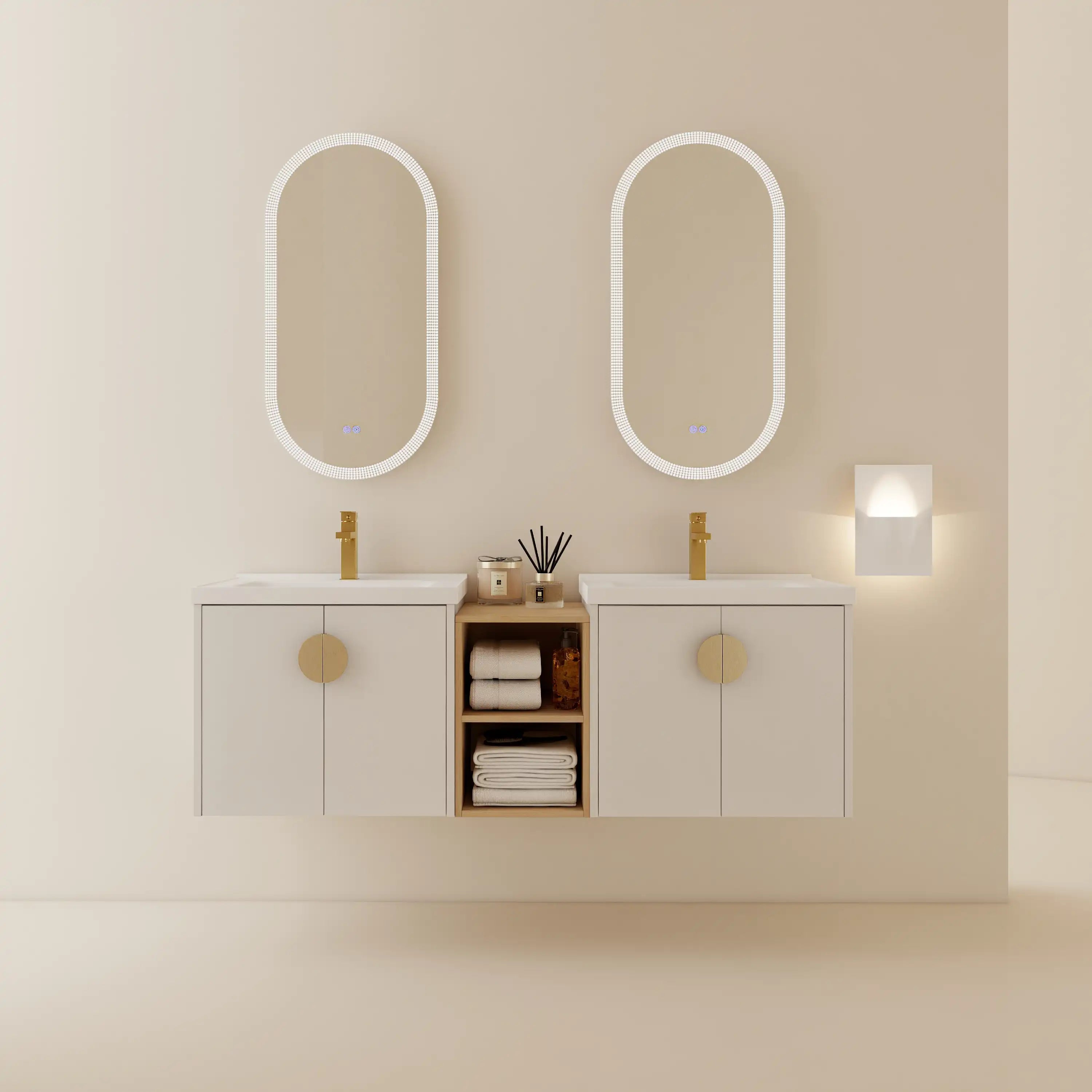 60 inch floating vanity in white with double sinks and open center shelf, wall-mounted modern bathroom design | Ace Decor