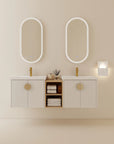 60 inch floating vanity in white with double sinks and open center shelf, wall-mounted modern bathroom design | Ace Decor