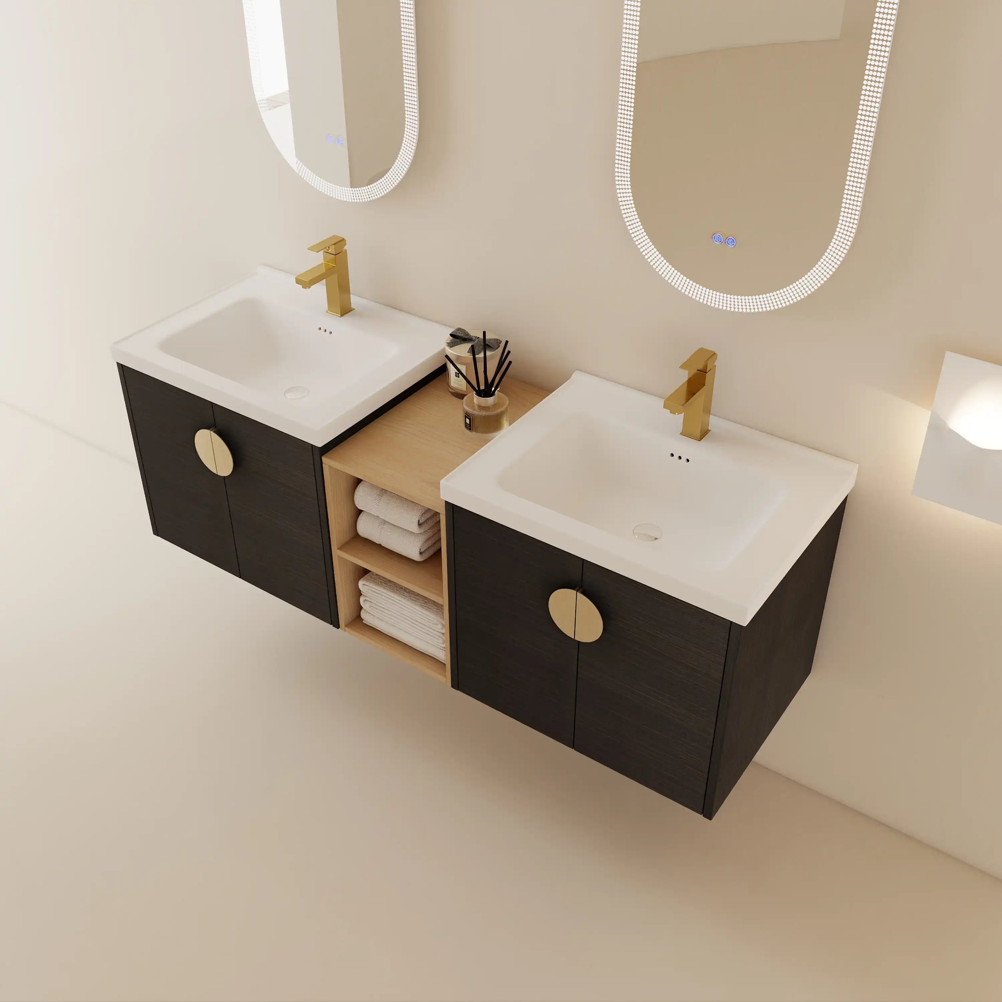 60 inch bathroom combo vanities with double sinks, black floating vanity and center open shelf storage | Ace Decor