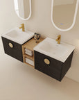 60 inch bathroom combo vanities with double sinks, black floating vanity and center open shelf storage | Ace Decor