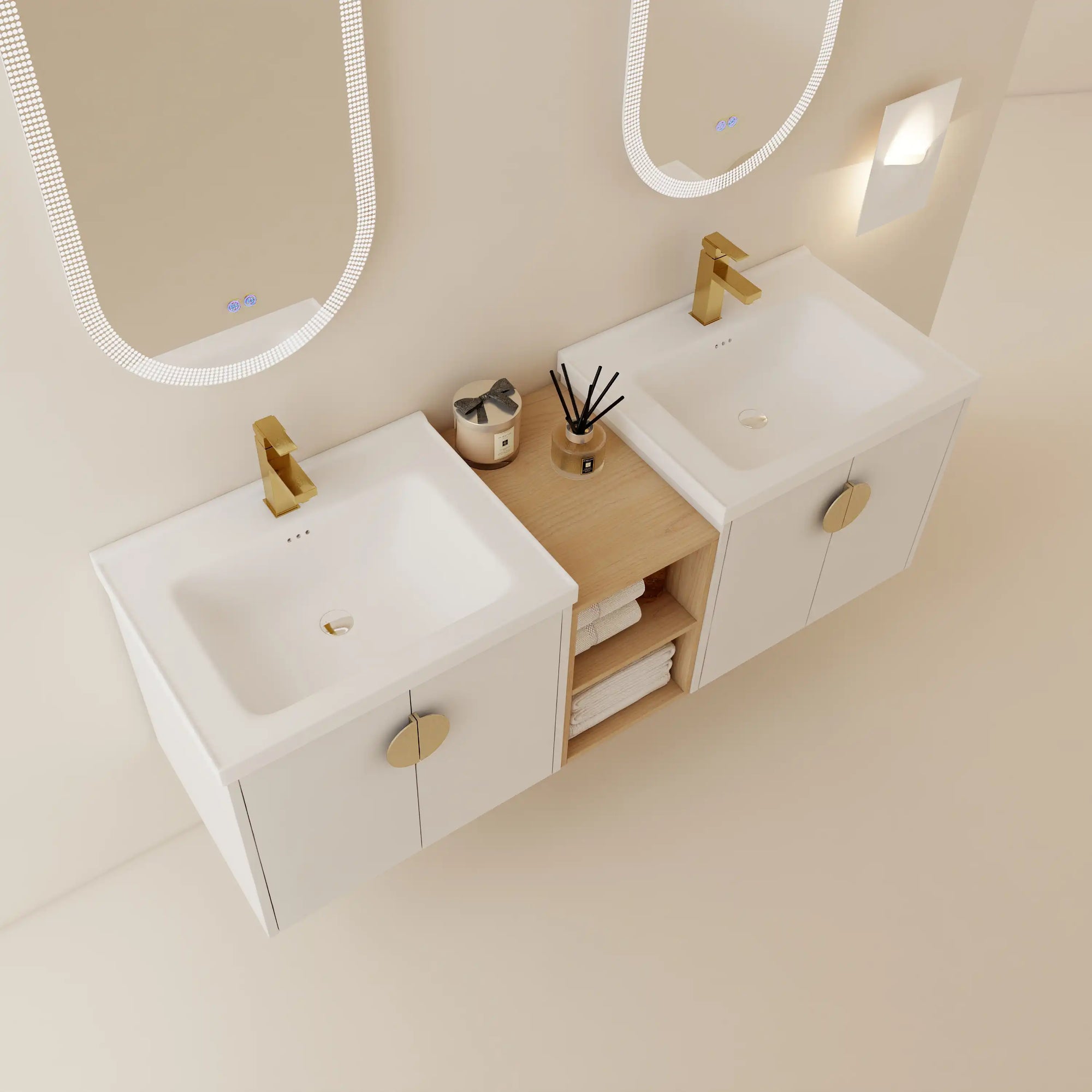 Top view of 60 inch floating vanity with integrated double sinks and open storage shelf in white finish | Ace Decor