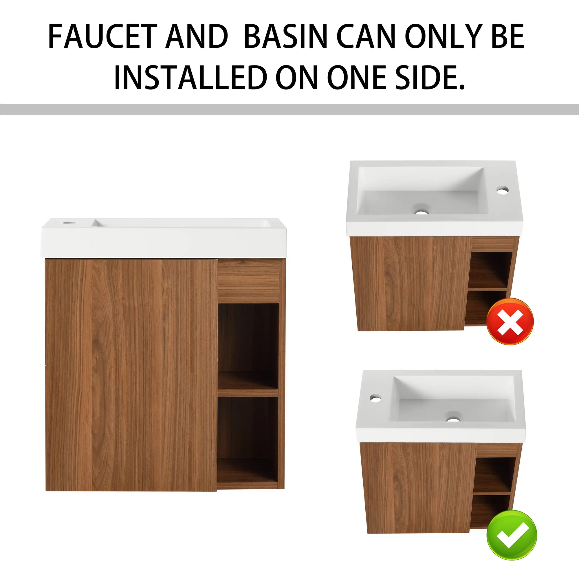 20 inch modern bathroom vanity small showing single-side faucet and basin installation orientation | Ace Decor