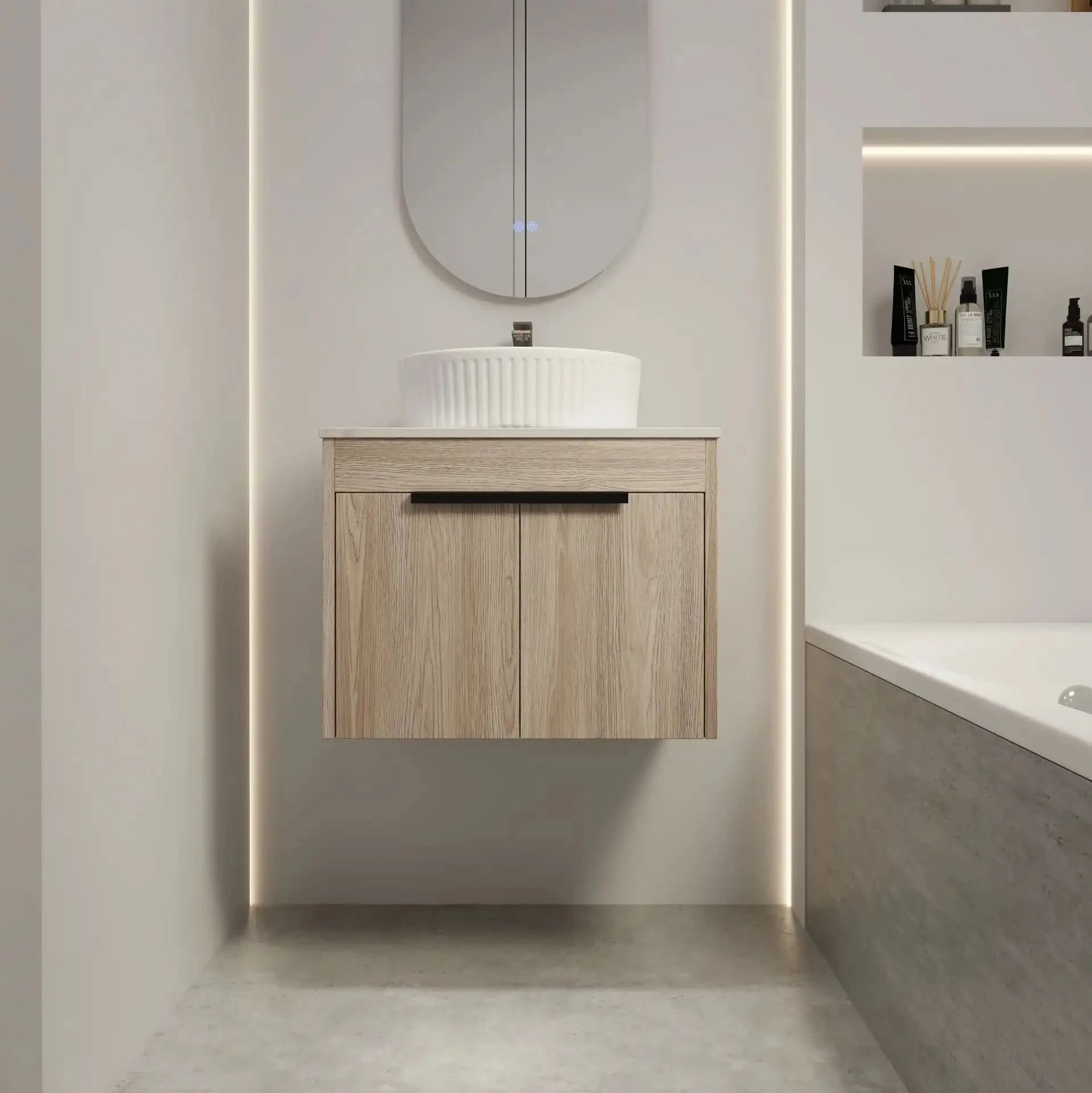 24&quot; Modern Floating Bathroom Vanity with Ceramic Sink - Wall-Mounted White Oak Cabinet with Soft Close Doors color: White Oak