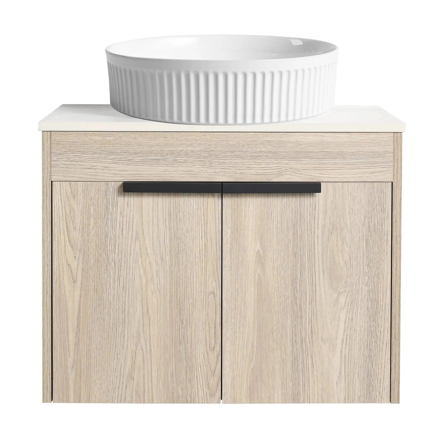 24" Modern Floating Bathroom Vanity with Ceramic Sink - Wall-Mounted White Oak Cabinet with Soft Close Doors color: White Oak