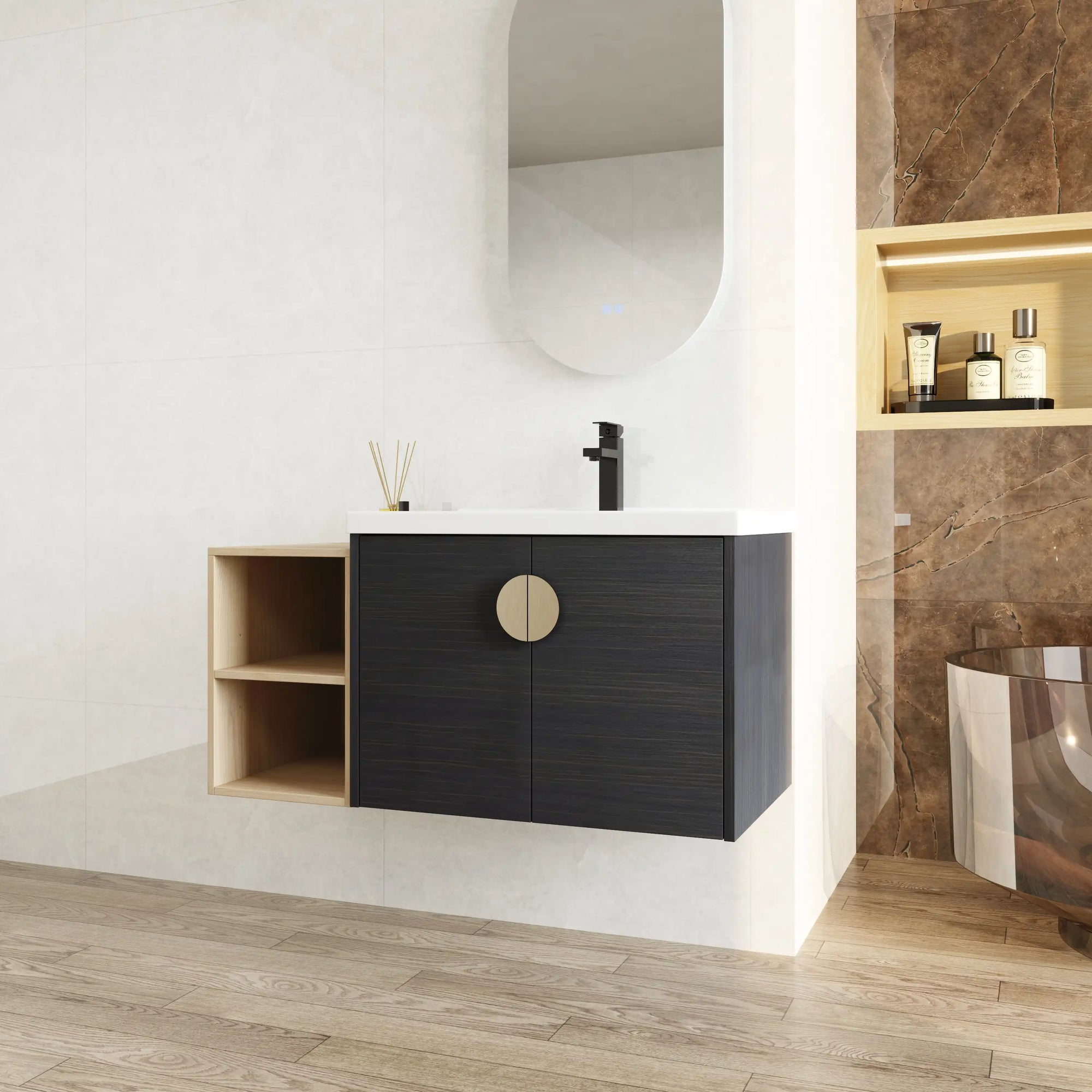 40 inch bathroom vanity for powder room featuring wall-mounted black vanity with integrated sink and open shelving | Ace Decor