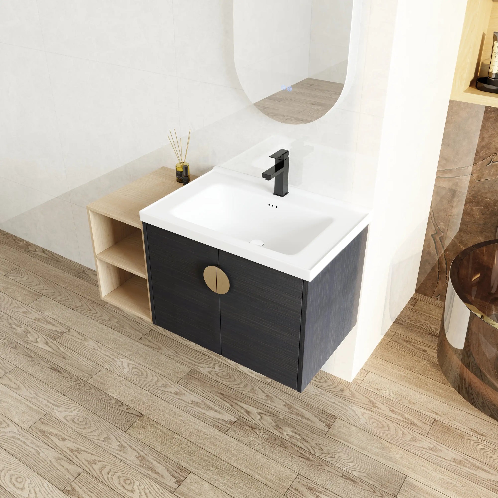 40 inch bathroom vanity for powder room with ceramic sink, black cabinet doors, and side storage shelf | Ace Decor