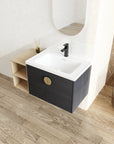 40 inch bathroom vanity for powder room with ceramic sink, black cabinet doors, and side storage shelf | Ace Decor