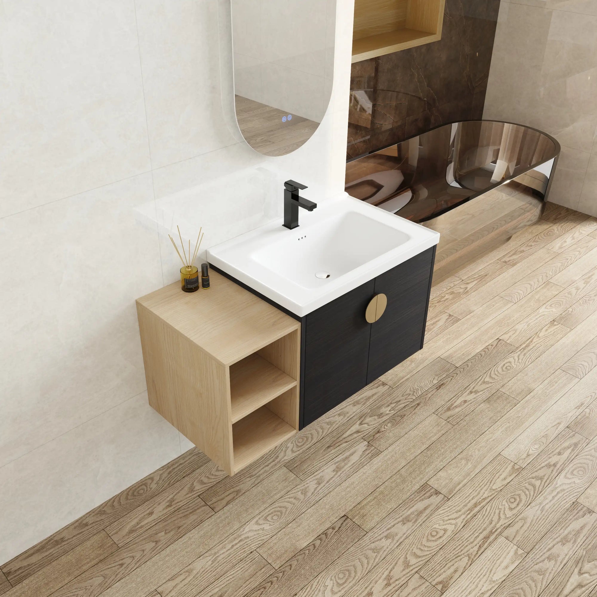 40 inch bathroom vanity for powder room showing floating installation with open wood shelf and black vanity base | Ace Decor