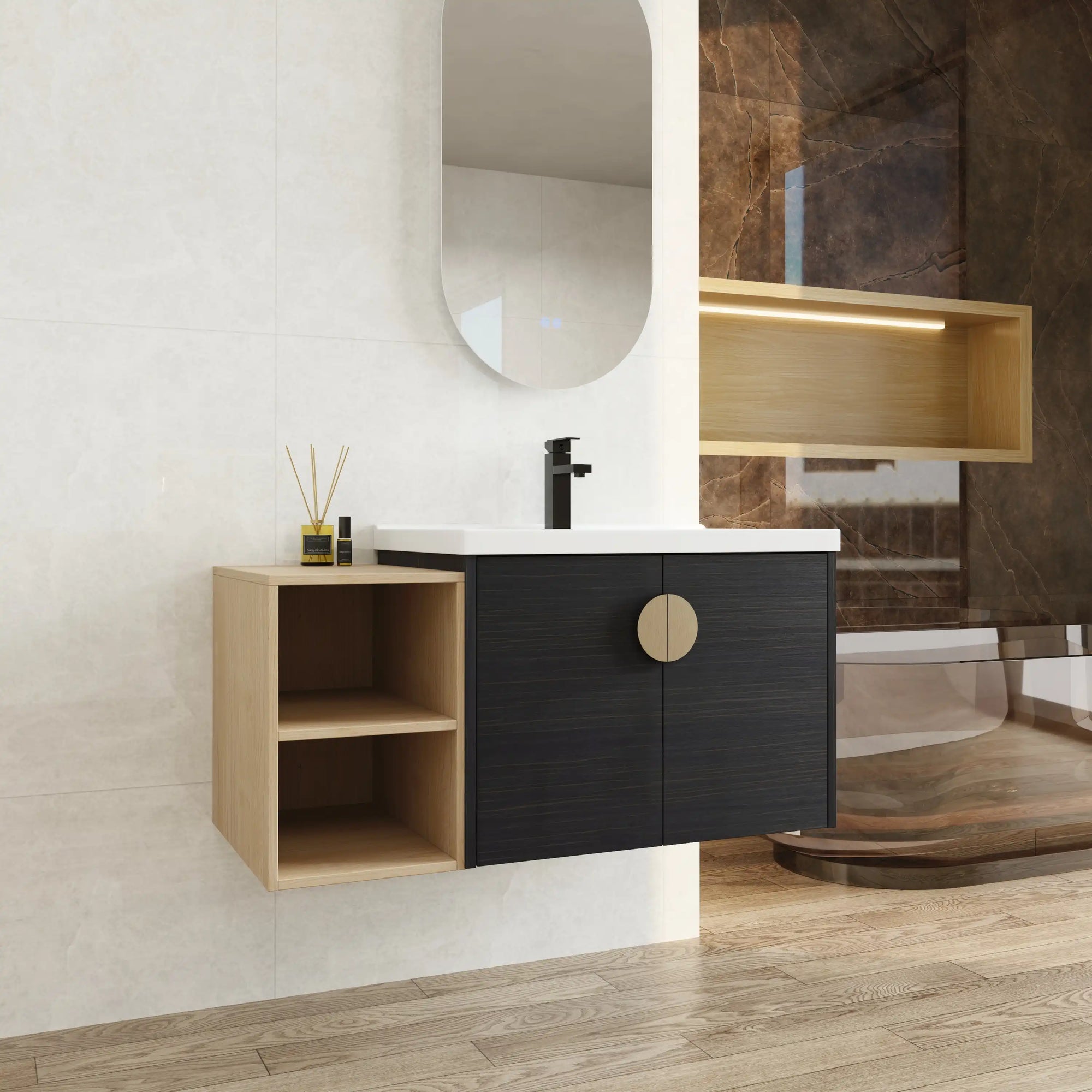 40 inch bathroom vanity for powder room with floating black cabinet and side open shelf in modern bathroom setting | Ace Decor