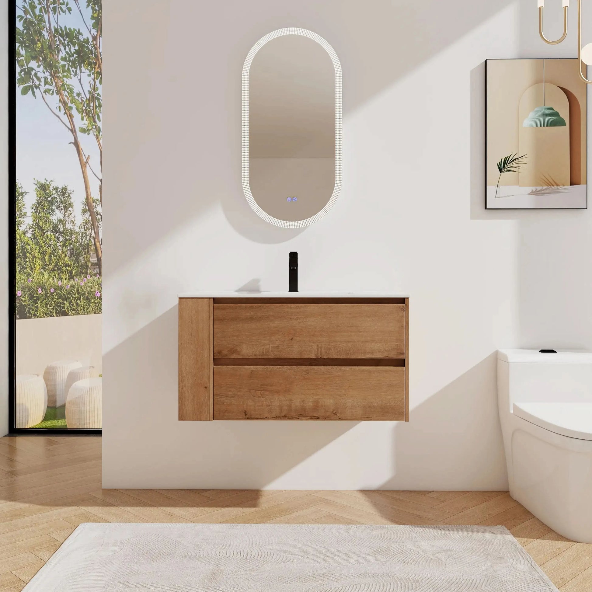 Wall-Mounted Bathroom Vanity with Gel Sink & Soft Close Drawers color: Imitative Oak