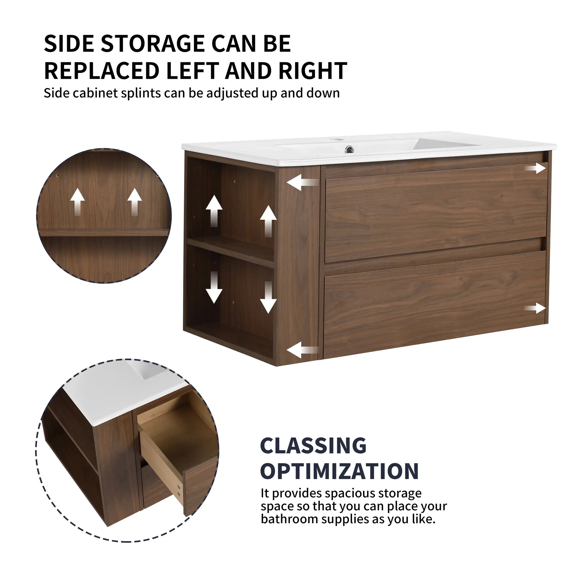 36" vanity with adjustable side storage shelves for 36 inch wall mounted bathroom | Ace Decor