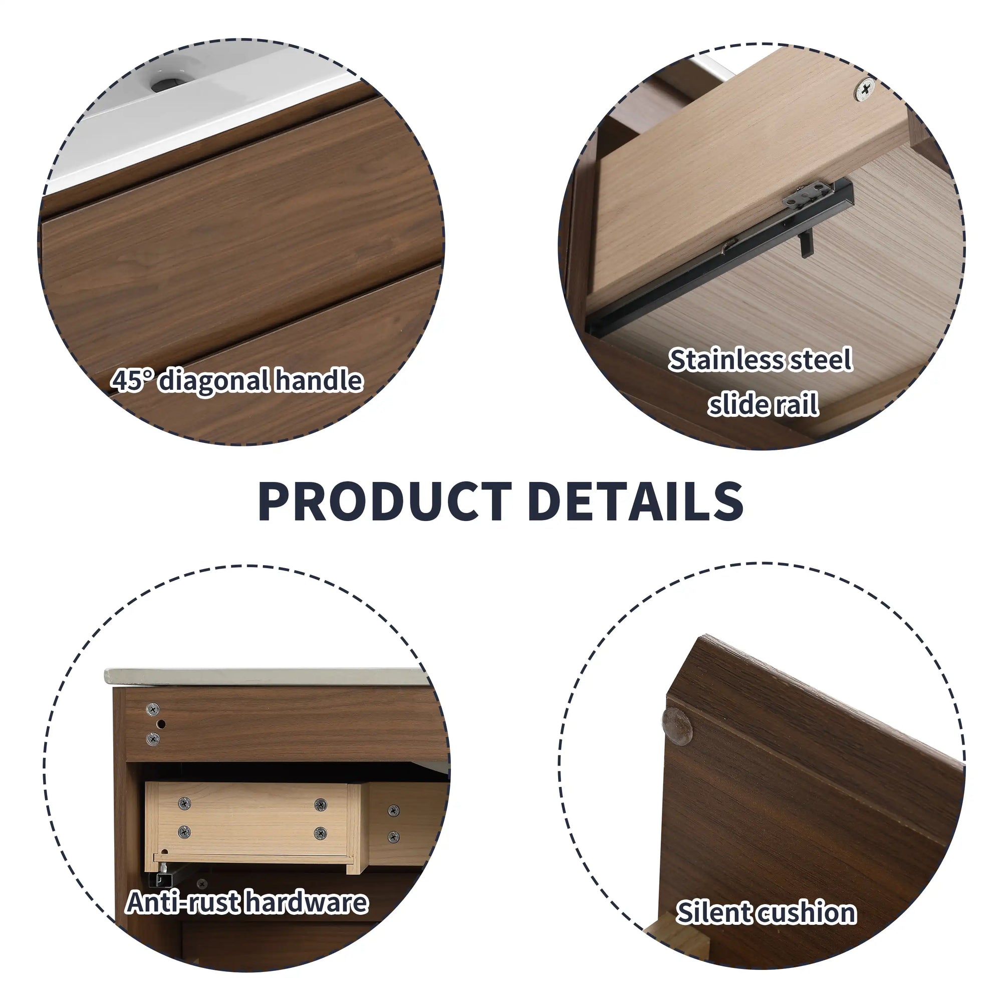 36" vanity hardware details including slide rail and handle for 36 inch wall mounted bathroom | Ace Decor