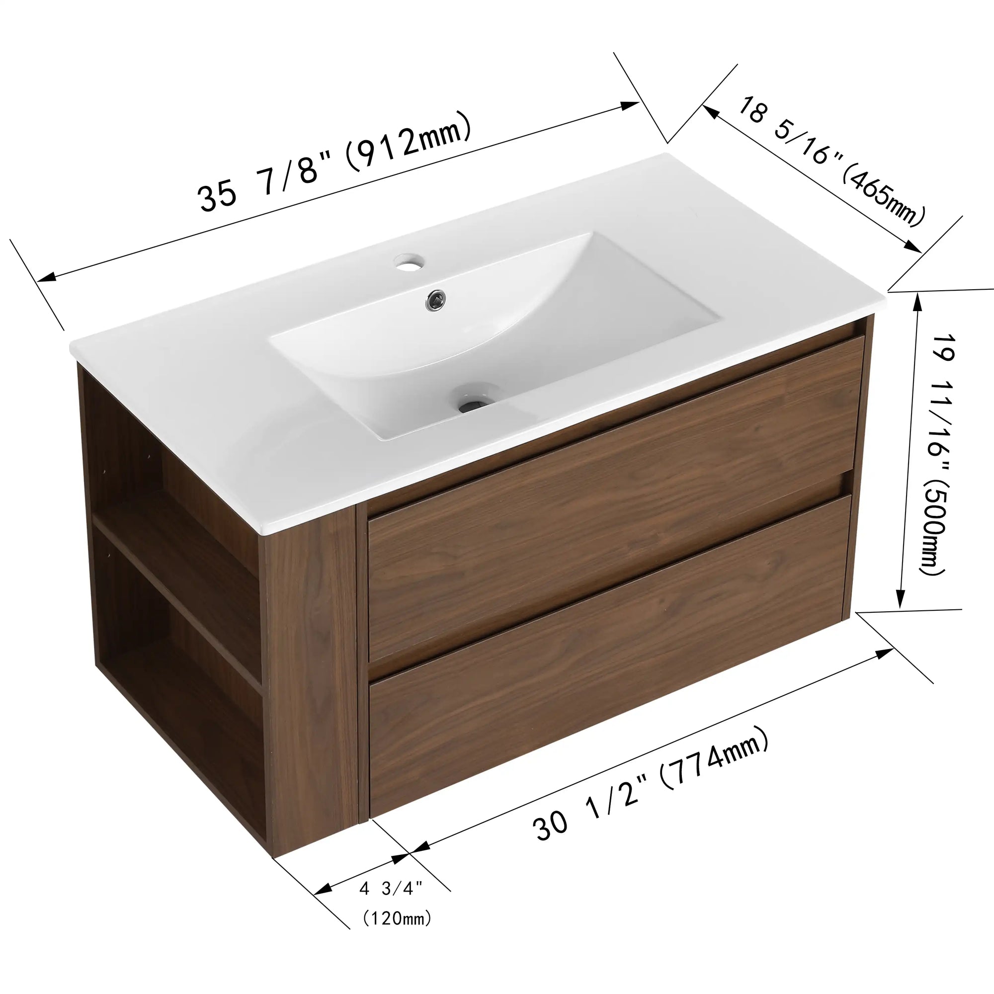 36" vanity dimension view for 36 inch wall mounted bathroom vanity | Ace Decor