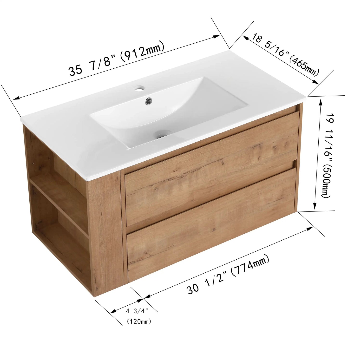 Wall-Mounted Bathroom Vanity with Gel Sink & Soft Close Drawers color: Imitative Oak