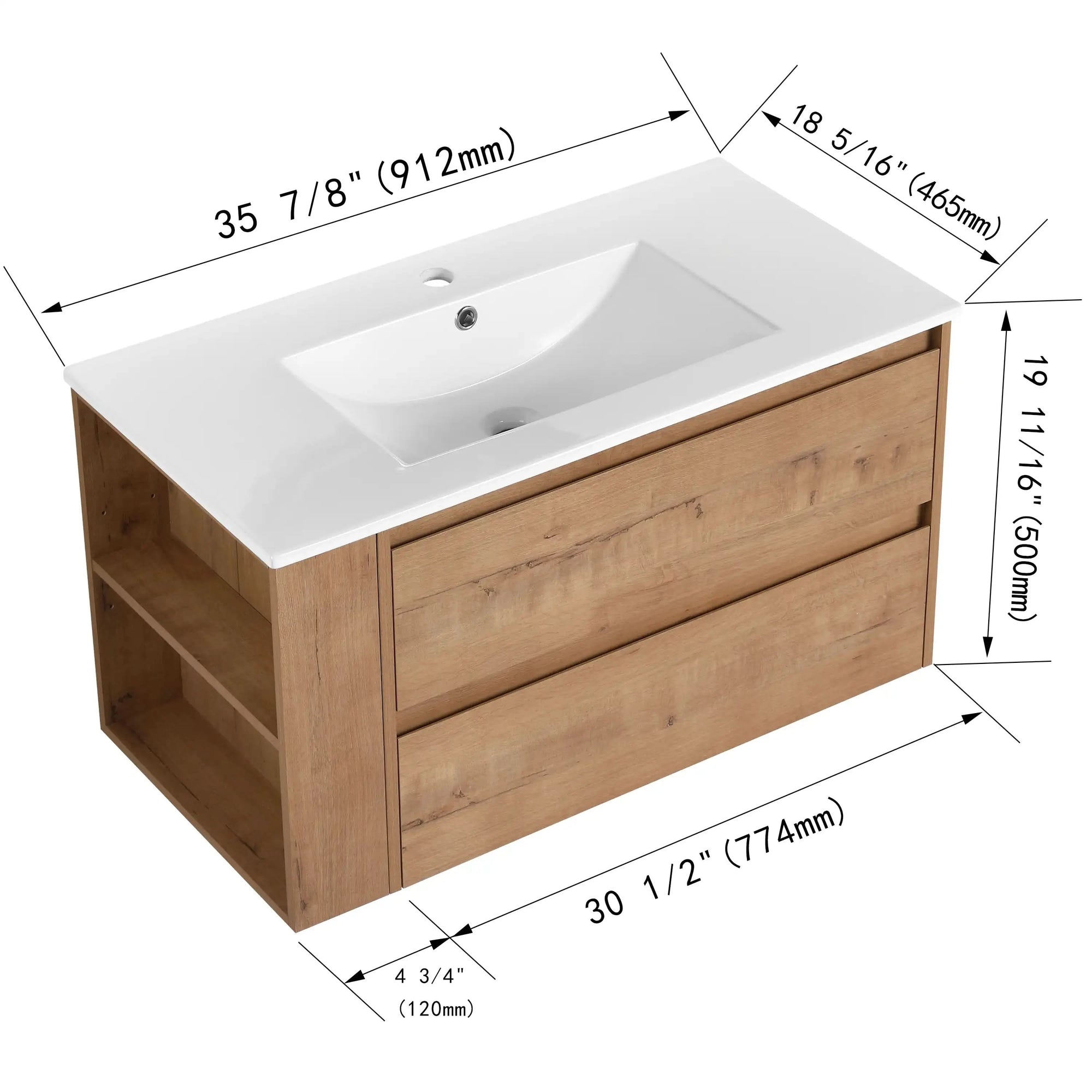 Wall-Mounted Bathroom Vanity with Gel Sink &amp; Soft Close Drawers color: Imitative Oak