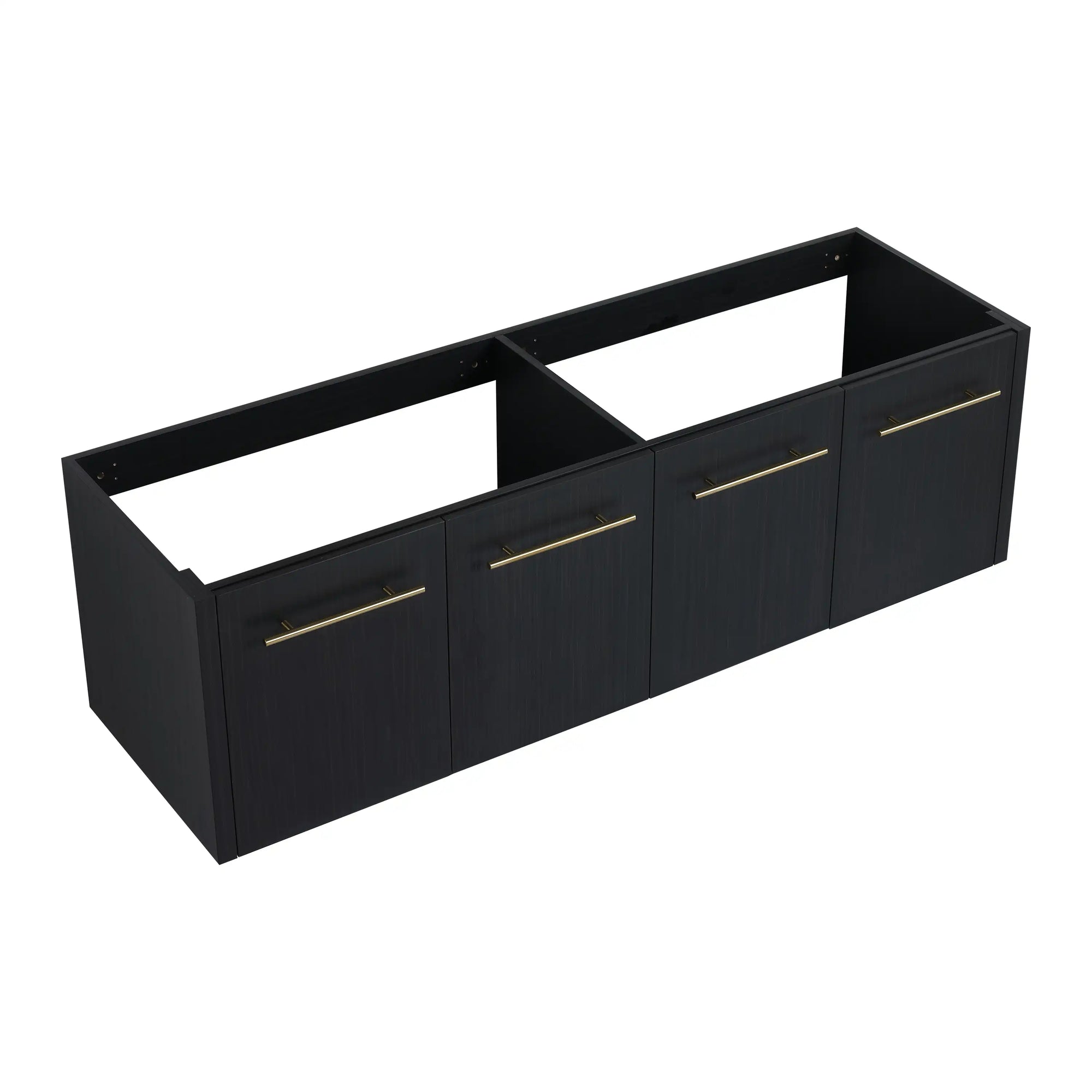 60" vanity without sink floating cabinet with black finish and gold handles in angled view | Ace Decor