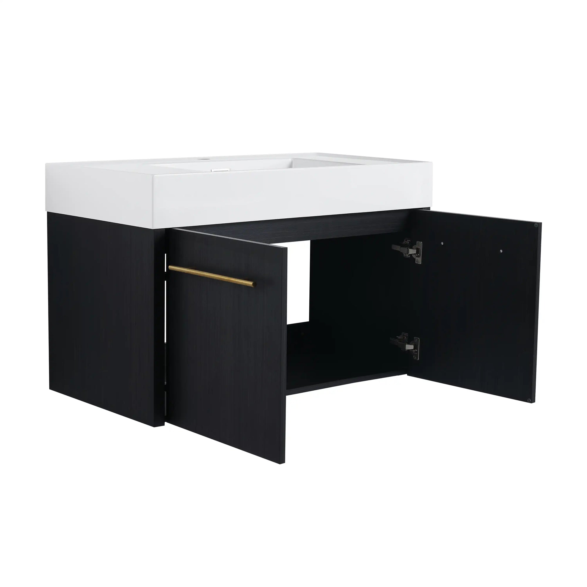 36 inch wall mounted bathroom vanity with open double doors showing interior storage space | Ace Decor