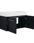 36 inch wall mounted bathroom vanity with open double doors showing interior storage space | Ace Decor
