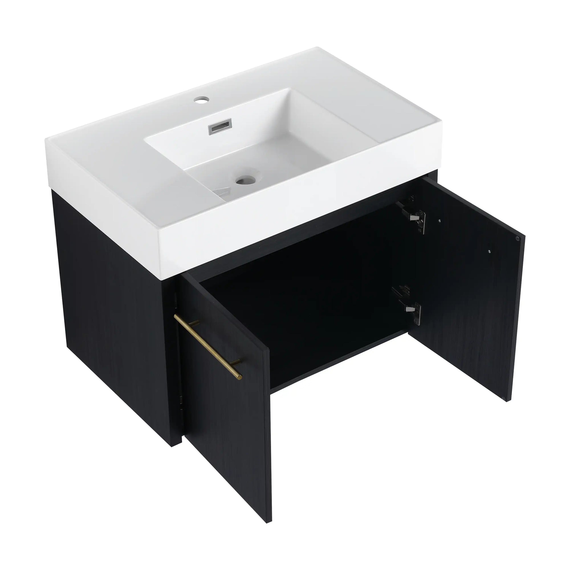 30" wall mounted vanity bathroom with open cabinet design and integrated sink top | Ace Decor
