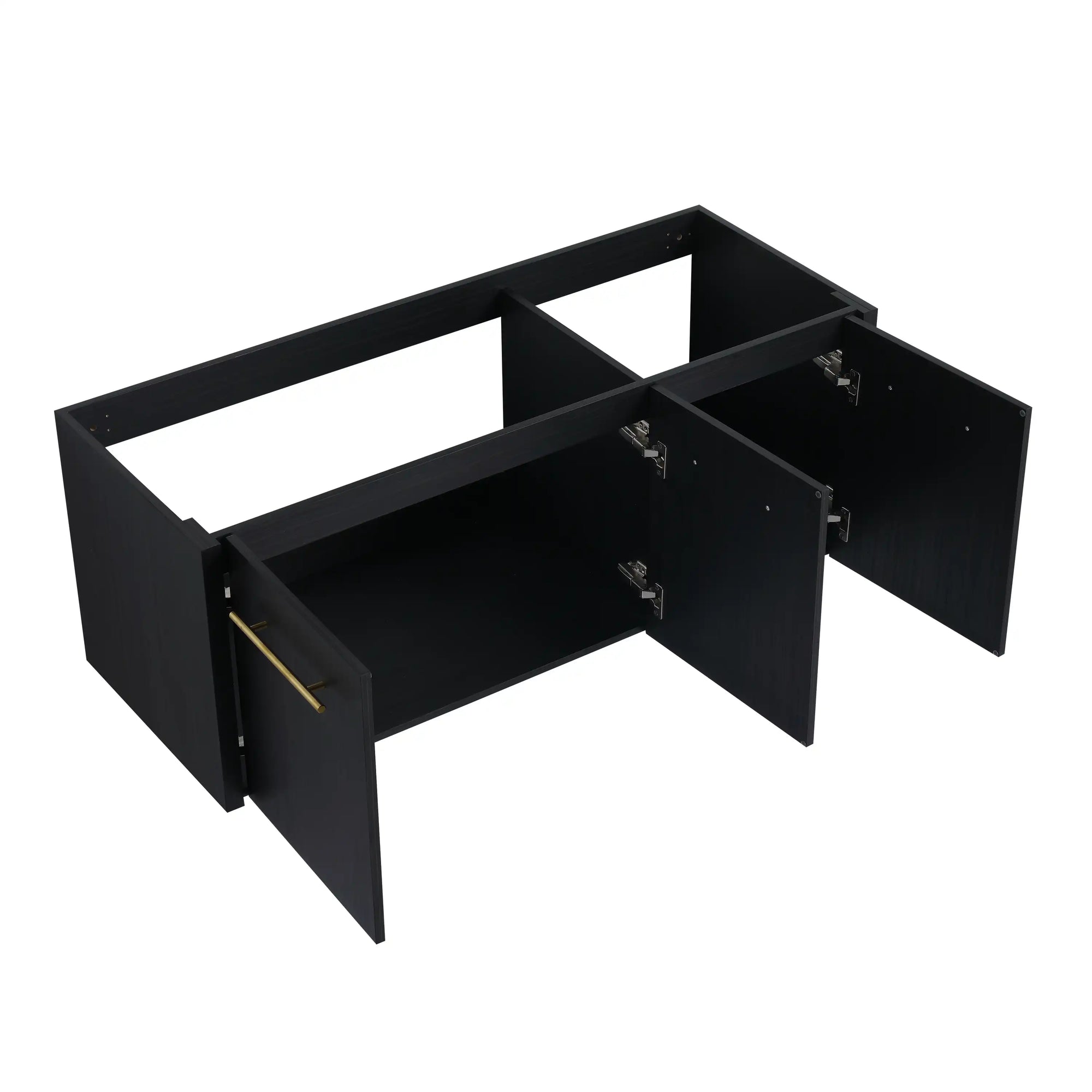 47" vanity cabinet without sink black chestnut base with open doors showing spacious interior storage | Ace Decor