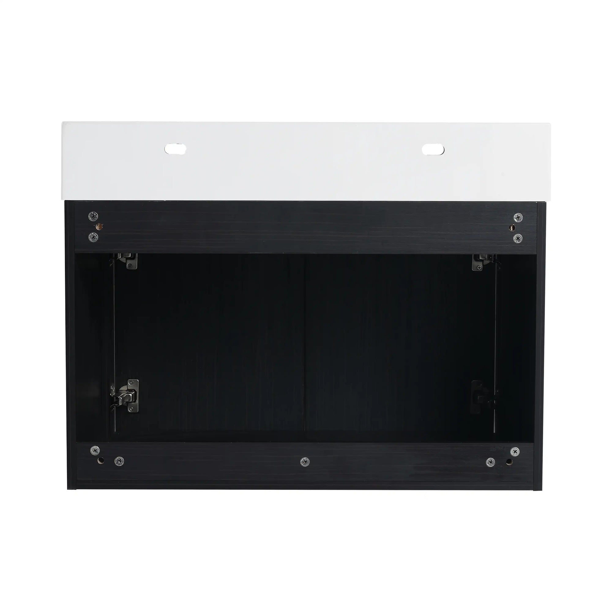 30" wall mounted vanity bathroom rear view showing installation structure and plumbing space | Ace Decor