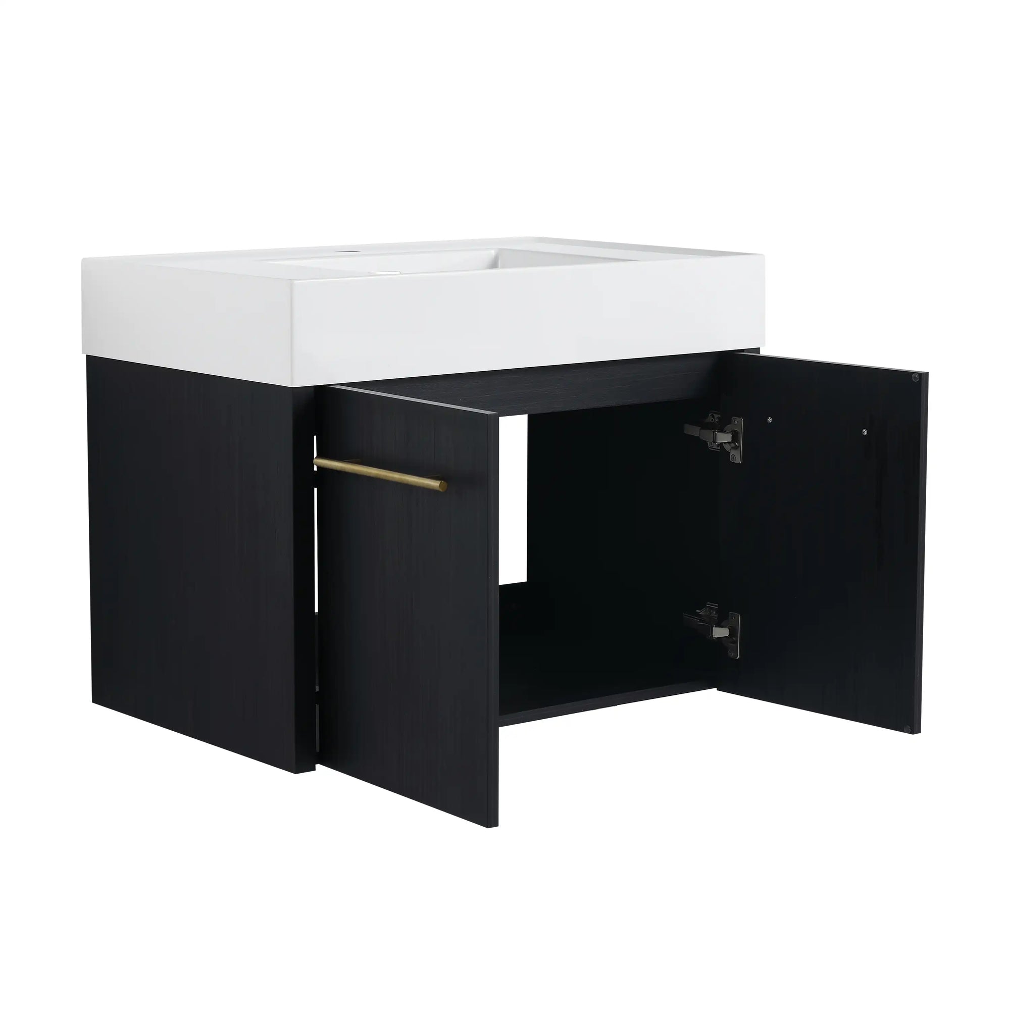 30" wall mounted vanity bathroom with open soft-close cabinet doors and storage space | Ace Decor