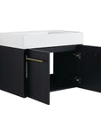30" wall mounted vanity bathroom with open soft-close cabinet doors and storage space | Ace Decor
