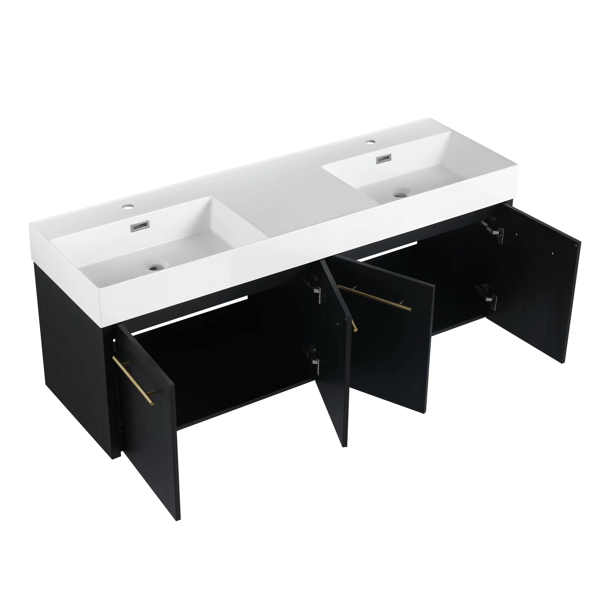 60 inch bathroom vanity with double resin sink and open cabinet doors | Ace Decor