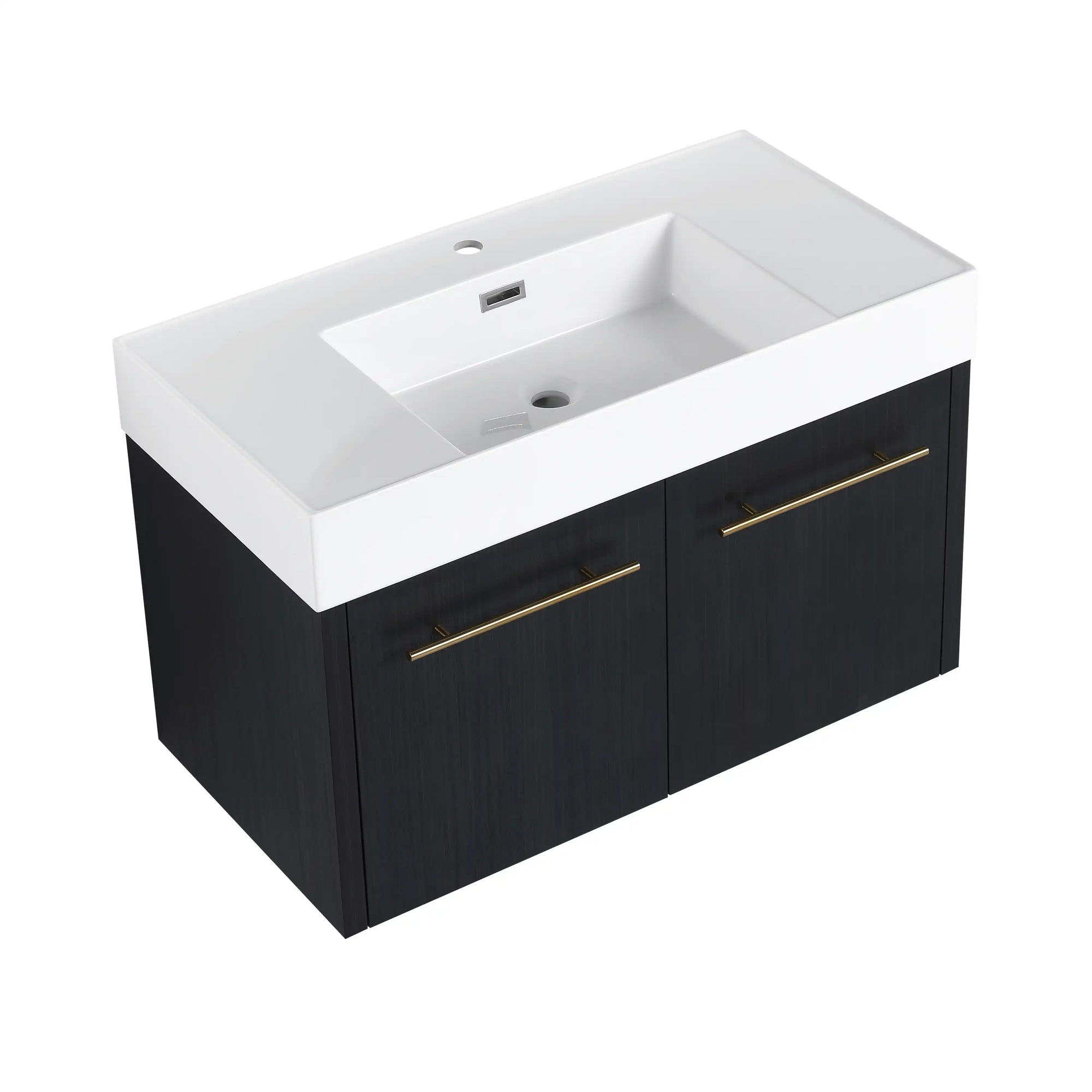 36 inch wall mounted bathroom vanity with thick resin sink and black chestnut cabinet front view | Ace Decor