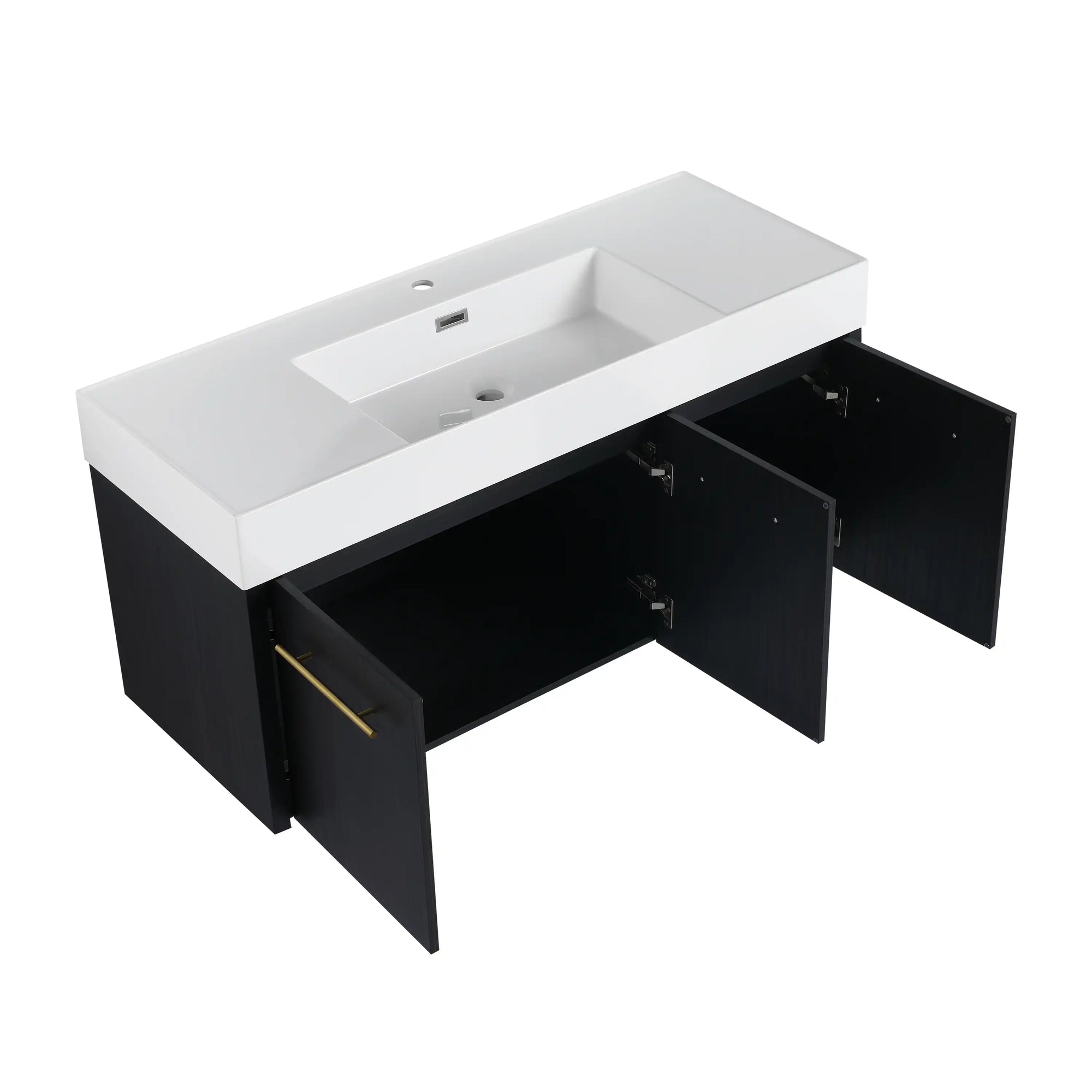 47 inch bathroom vanity with thick resin sink and open cabinet doors in black chestnut finish | Ace Decor