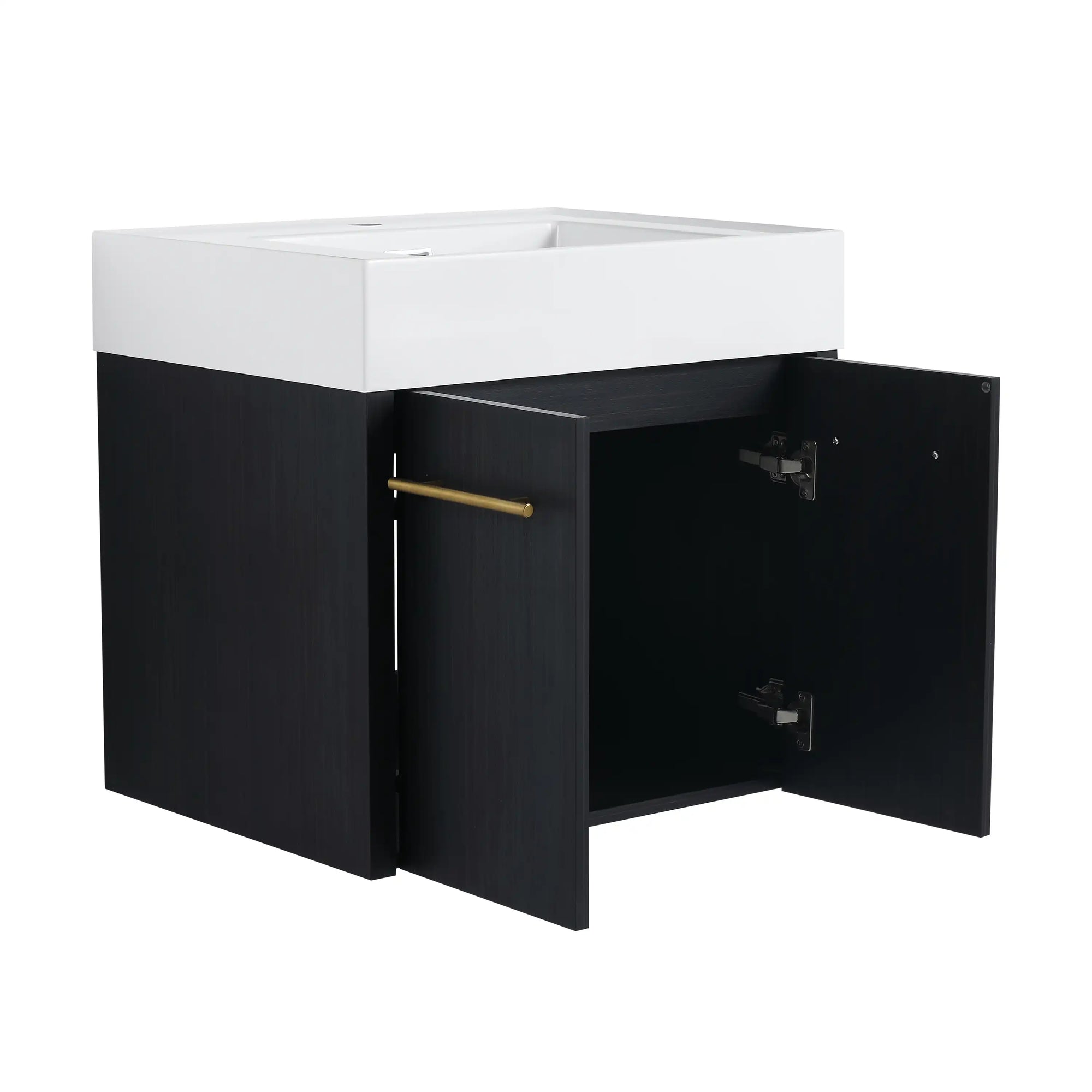 24" small wall mounted vanity with open doors showing interior storage and side angle view | Ace Decor