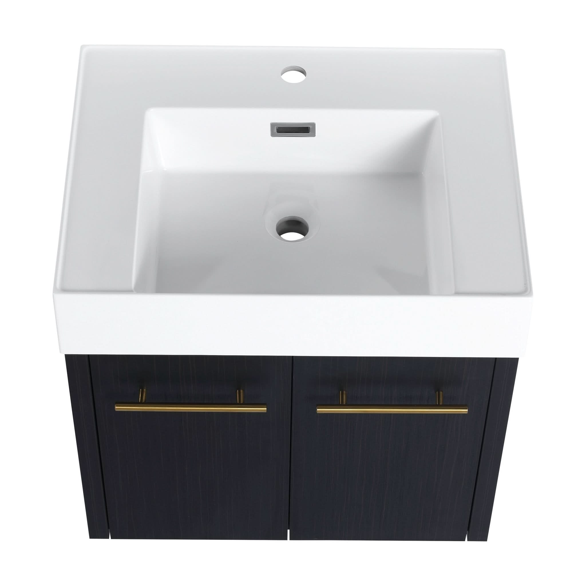 Top-down view of the Noirline Series  24-inch floating vanity showing white resin sink detail.