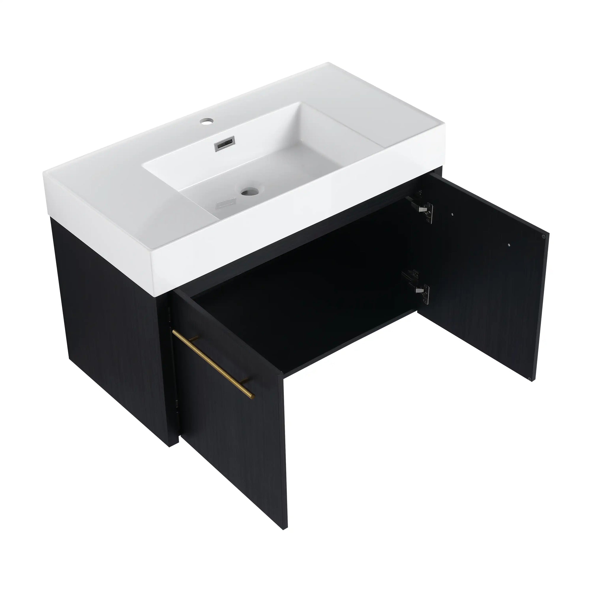 36 inch wall mounted bathroom vanity with open cabinet doors showing interior space | Ace Decor