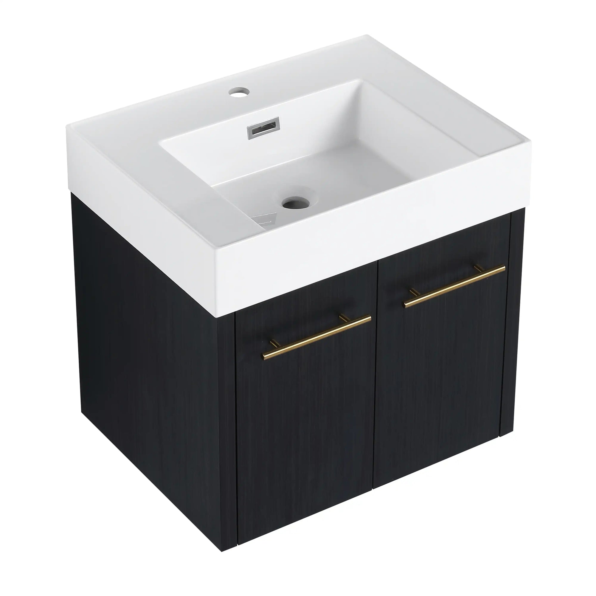 24" small wall mounted vanity with thick resin sink and black chestnut cabinet front view | Ace Decor