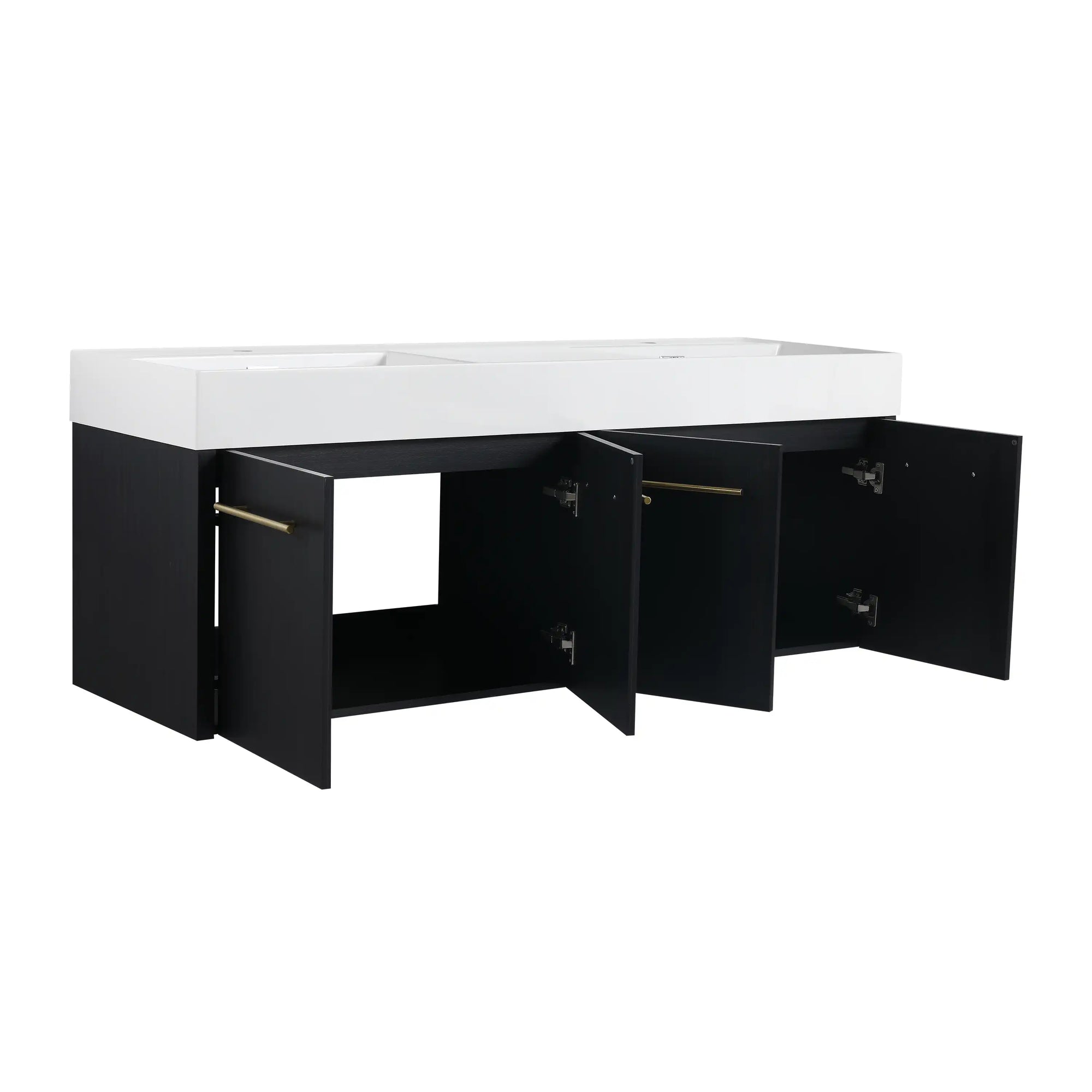 60 inch bathroom vanity with open cabinet doors showing interior storage layout | Ace Decor