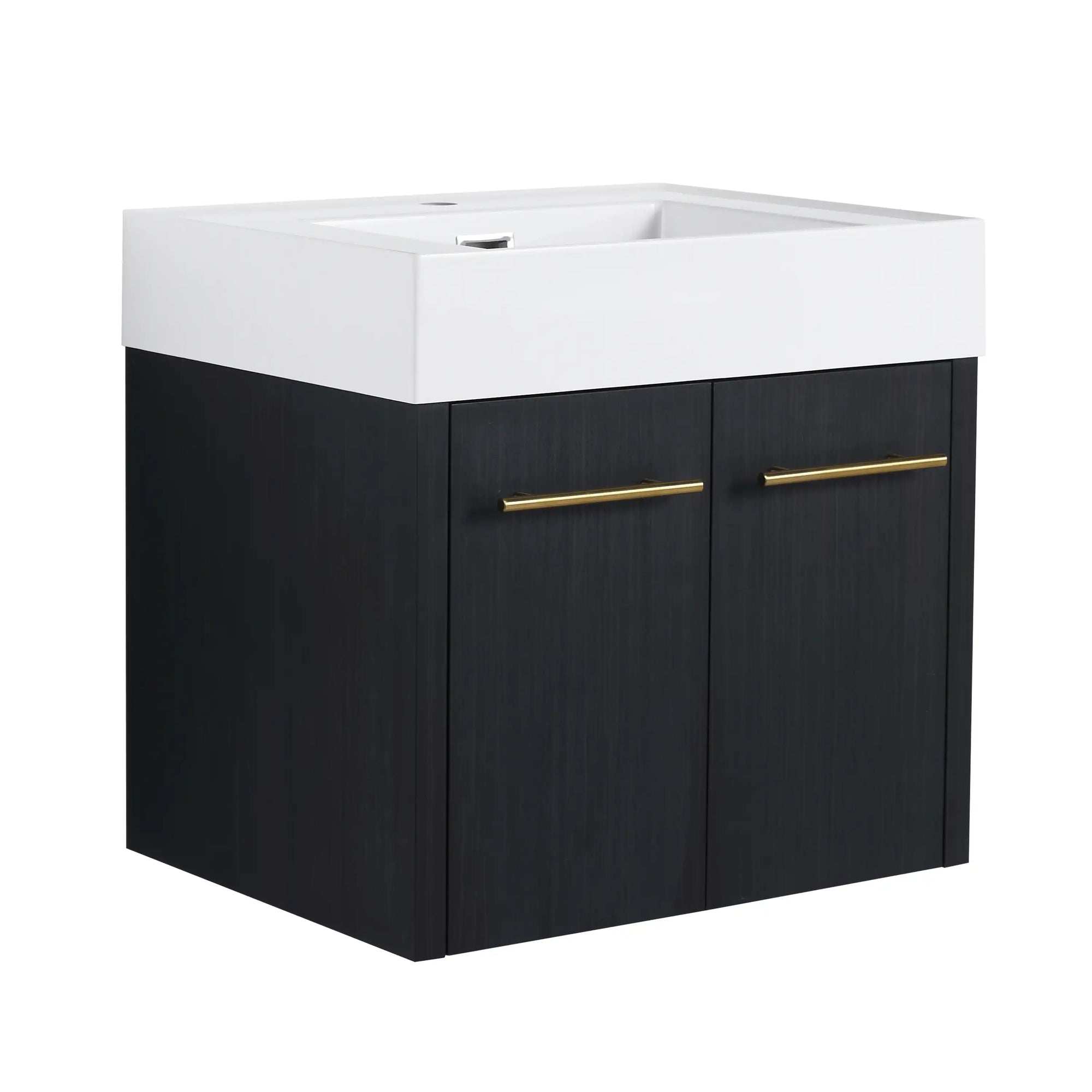 24" small wall mounted vanity with thick resin sink and black chestnut cabinet close-up | Ace Decor