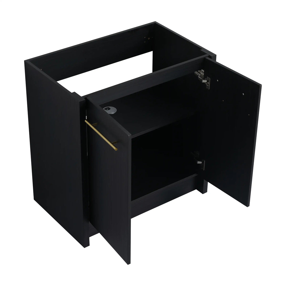 30" freestanding single bathroom vanity base angled view with open door showing interal storage space.