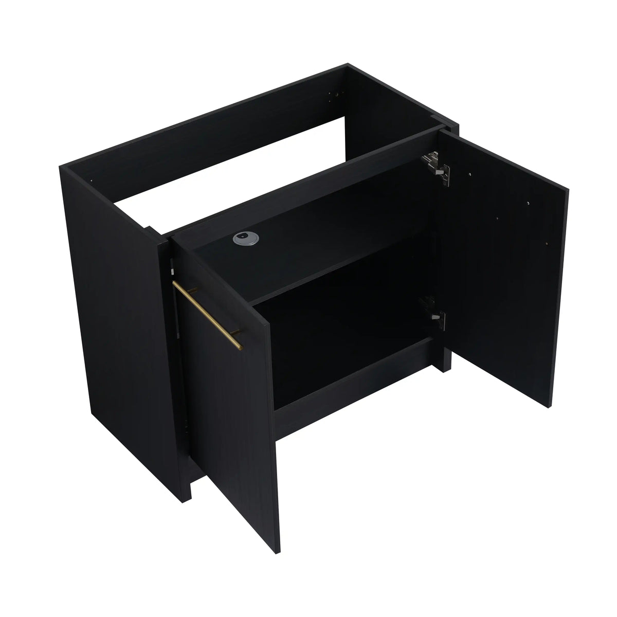 36 inch bathroom vanity angled view with open cabinet doors showing interior storage.