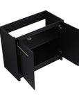 36 inch bathroom vanity angled view with open cabinet doors showing interior storage.