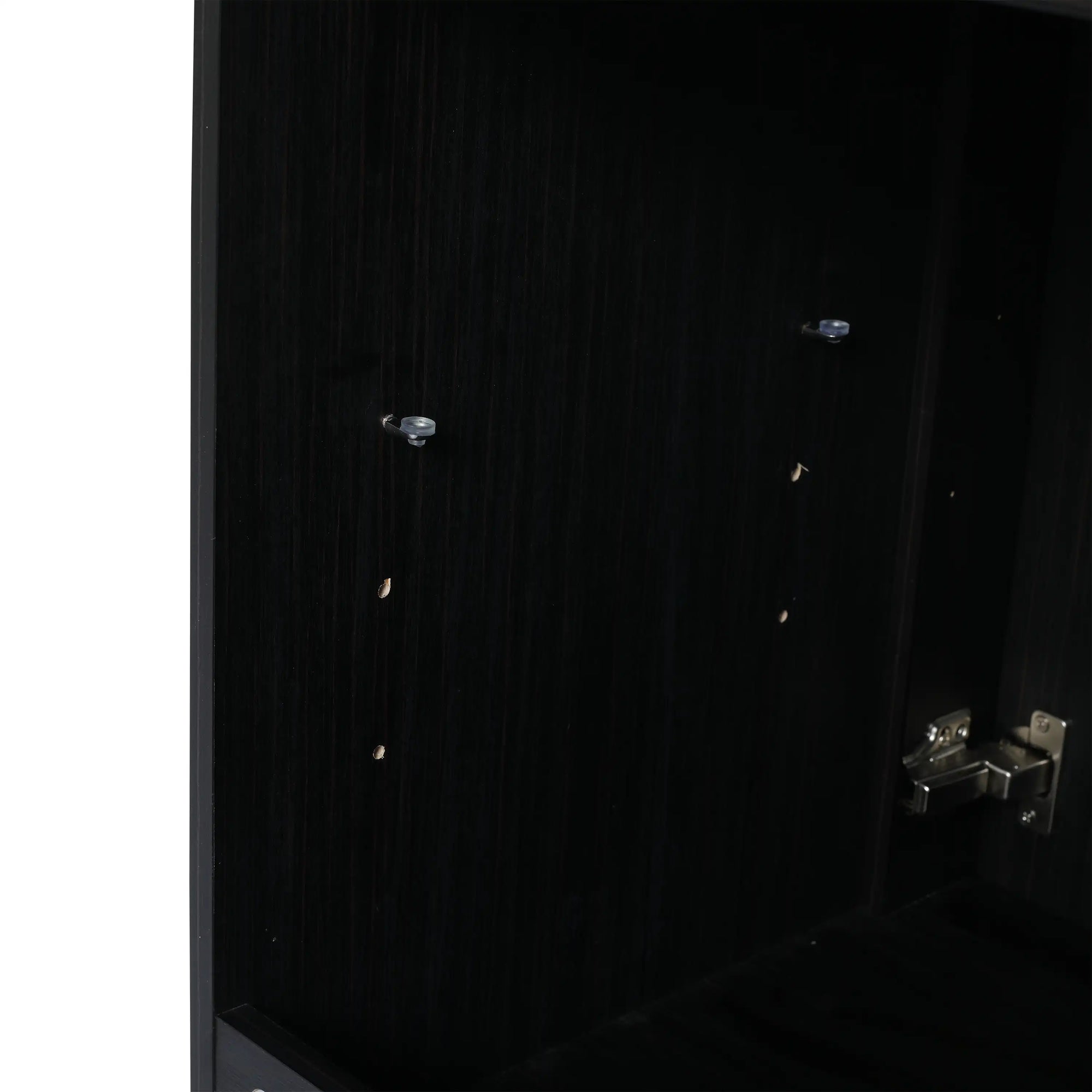 24" bathroom vanity base cabinet interior shelf and hinge detail in black finish | Ace Decor
