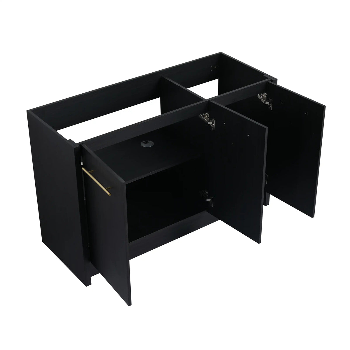 48" bathroom freestanding vanity without sink with open cabinet doors showing ample storage space.