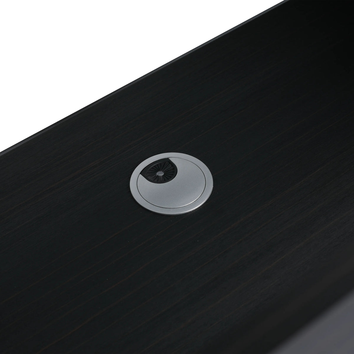 Drain opening on the Noirline Series 36 inch freestanding vanity in black finish.
