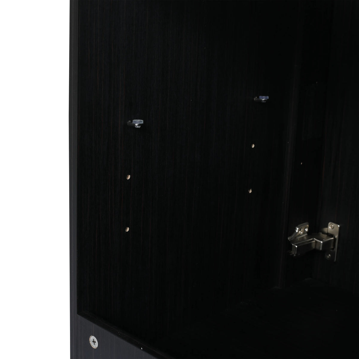 Adjustable shelf design on the 36 inch Noirline black chestnut finish bathroom vnaity base without sink.