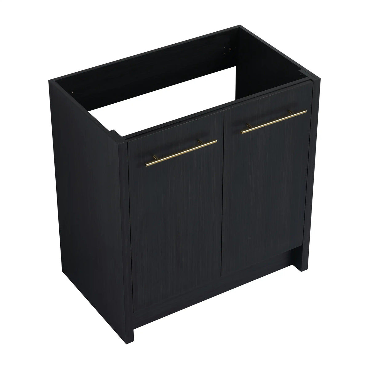30" bathroom vanity base angled front view in black chestnut finish, no sink included.