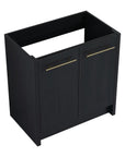 30" bathroom vanity base angled front view in black chestnut finish, no sink included.
